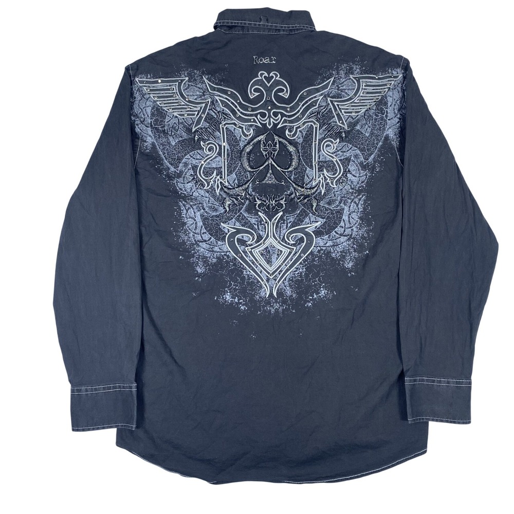 Roar Button Down Shirt Mens XXL Black Embroidered Rhinestone Western